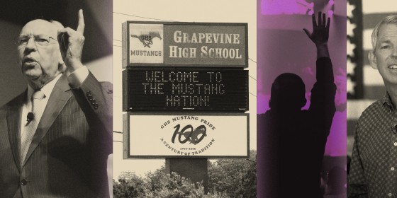 Photo illustration of Rafael Cruz; a sign for Grapevine High School in Texas; a man raises his hand in worship at a Texas church; and David Barton.