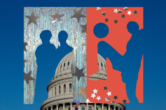Photo illustration of cut-out images of people attending a school dance and playing soccer; against background of U.S. Capitol