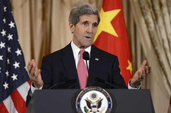 US Secretary of State John Kerry, with Chinese Vice Premier Liu Yandong, delivers remarks after signing an updated Memorandum of Understanding for continuation of the U.S.-China People-to-People Exchange (CPE) during a ceremony in the Benjamin Franklin Room at the State Department in Washington, DC, USA, 21 November 2013. The fourth annual U.S.-China Consultation on People-to-People Exchange (CPE) brings citizens in five key fields together to make plans for exchanges, mutual cooperation and shared goals.