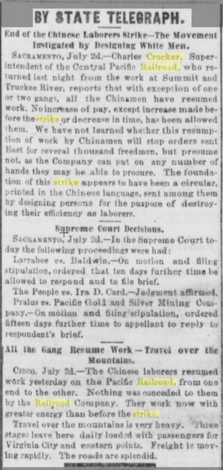 An 1867 article from the Daily Alta California newspaper detailing the end of the strike.