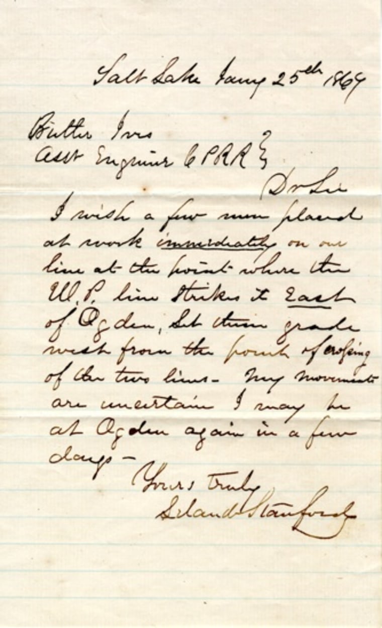 A letter from Leland Stanford, former governor of California and president Central Pacific, requesting additional labor to work on rail lines.