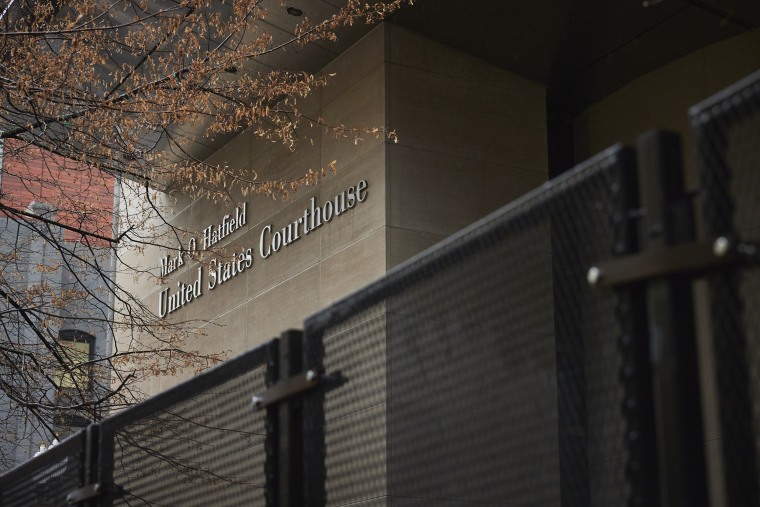 Construction in underway at the Mark O. Hatfield U.S. Courthouse in downtown Portland, Ore.,