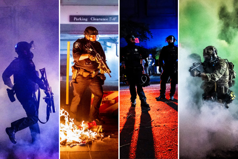 Portland police and Department of Homeland Security officers during the Portland Protests of 2020 in Oregon.