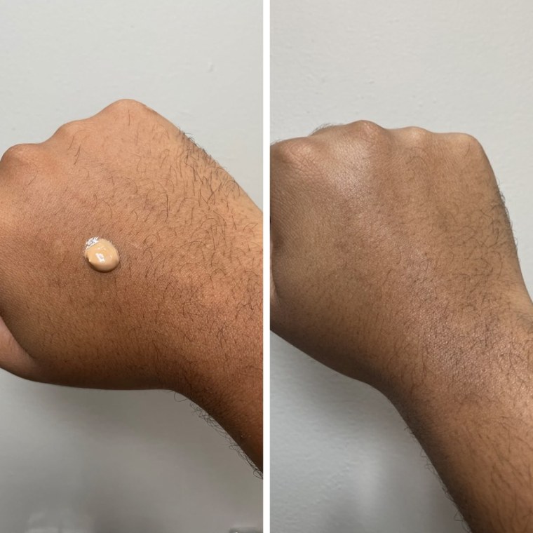 EltaMD’s UV Clear Tinted Face Sunscreen SPF 46 when it’s pumped out of the bottle (left) and blended into skin (right).