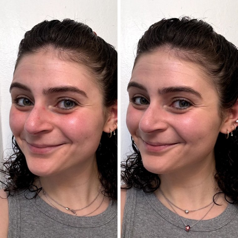 A woman before (left) and after (right) applying the Tower 28 SunnyDays SPF 30 Tinted Sunscreen in shade 13, La Cienega.