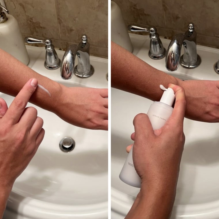 On the left, a woman swipes the milky-colored Omorovizca Body Serum on her left arm. On the right, she adds a pump of the serum on the same arm.