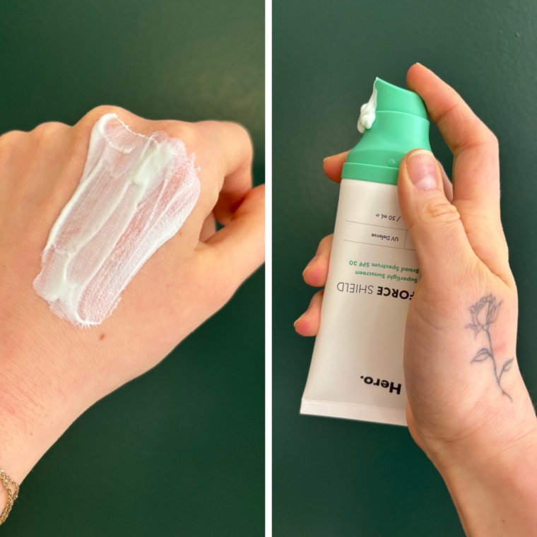 Split image of woman holding sunscreen tube and the sunscreen on the back of her hand.