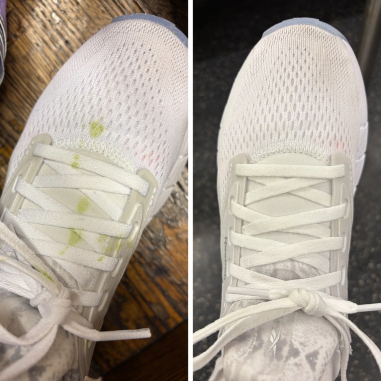 White shoes with a food stain on the left and the same white shoes with the stain removed on the right.