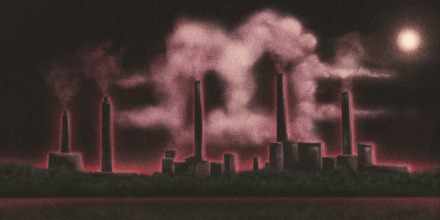Illustration of a power plant at night with emissions rising in the shape of a Bitcoin \"B\" logo.
