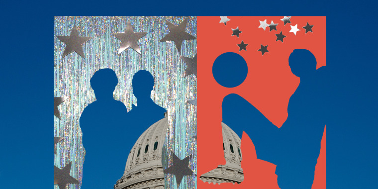 Photo illustration of cut-out images of people attending a school dance and playing soccer; against background of U.S. Capitol 